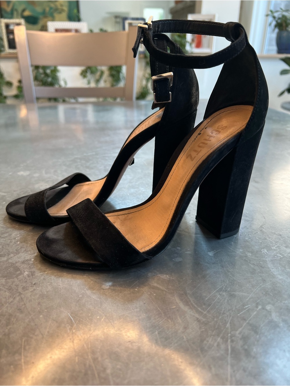 SCHUTZ Black Suede Open-Toe Ankle-Strap Block Heels